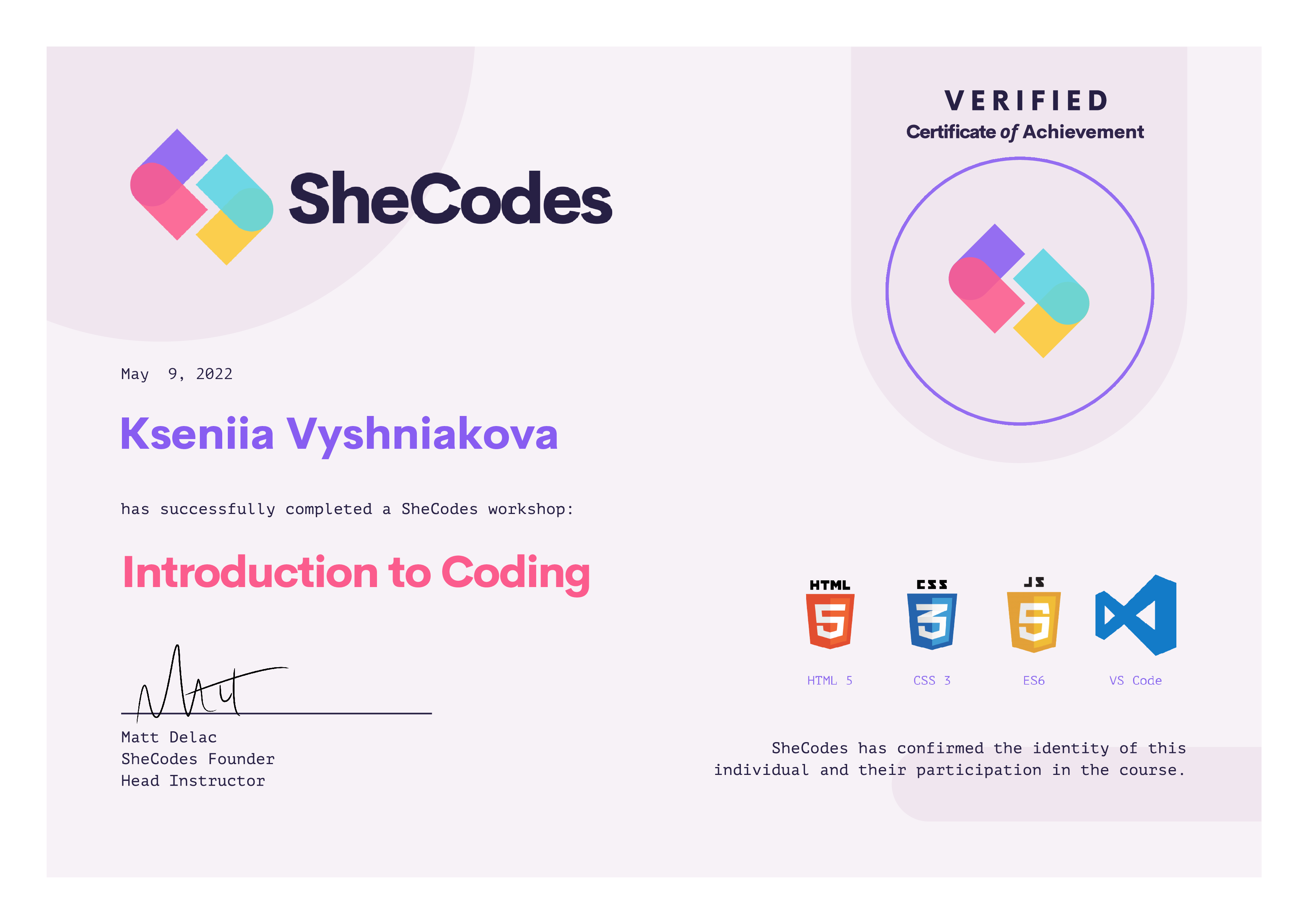 SheCodes Basic certificate